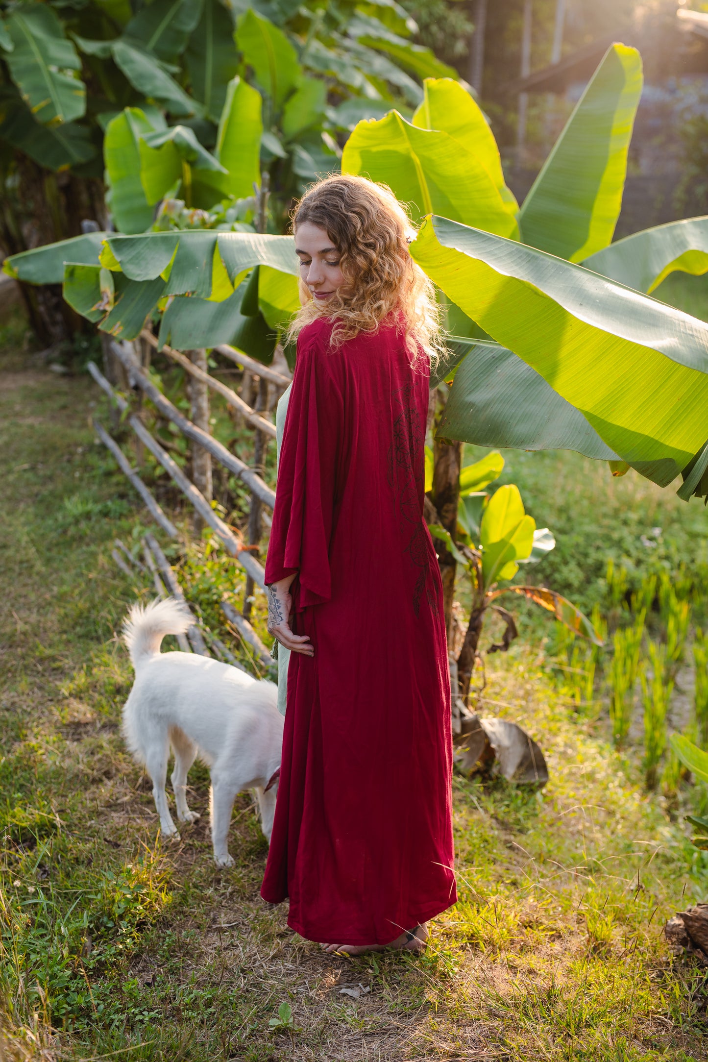 Wine Ref Pacha Mama Unisex Block-printed Long Kimono