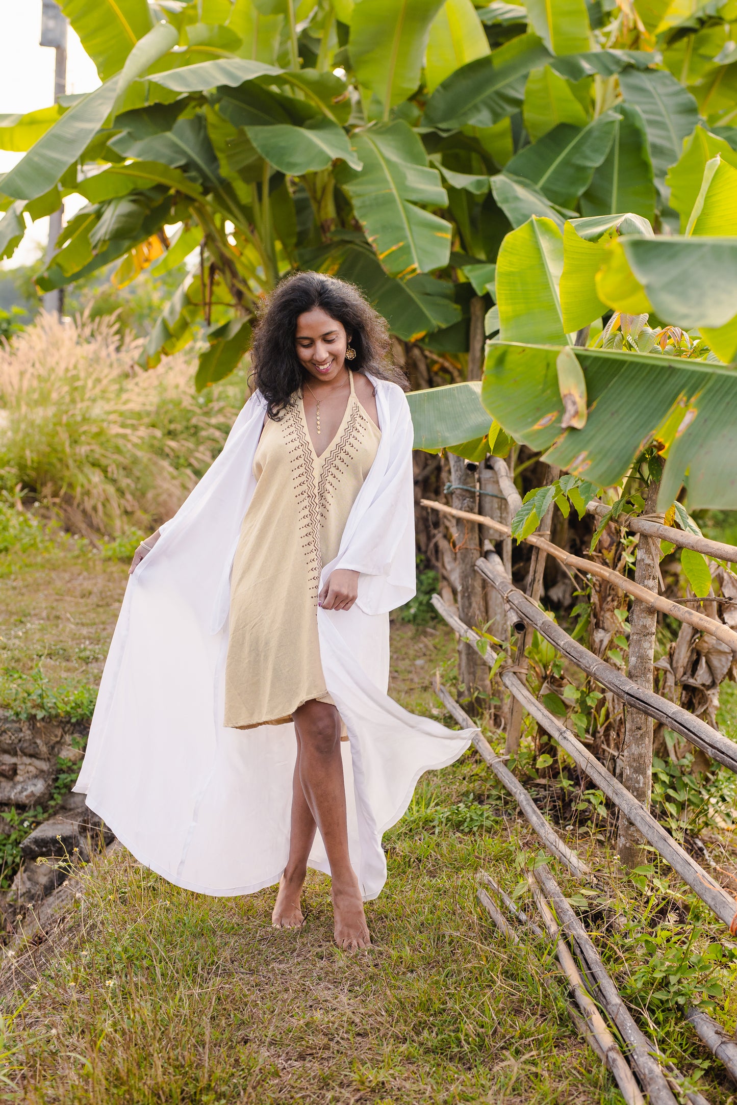 Sri Yantra / White Pacha Mama Unisex Block-printed Long Kimono