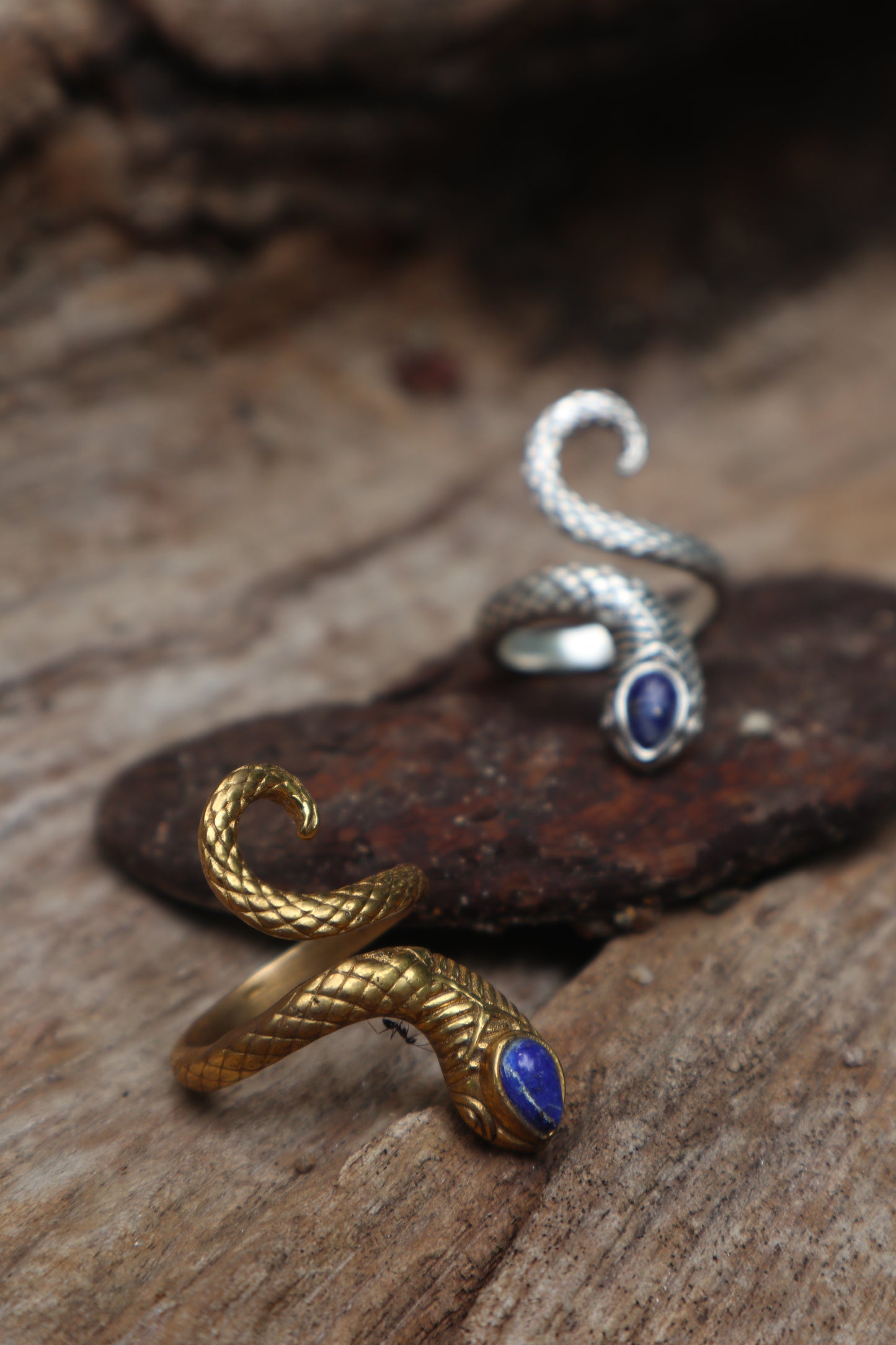 Eva serpent brass ring with Lapis Lazuli