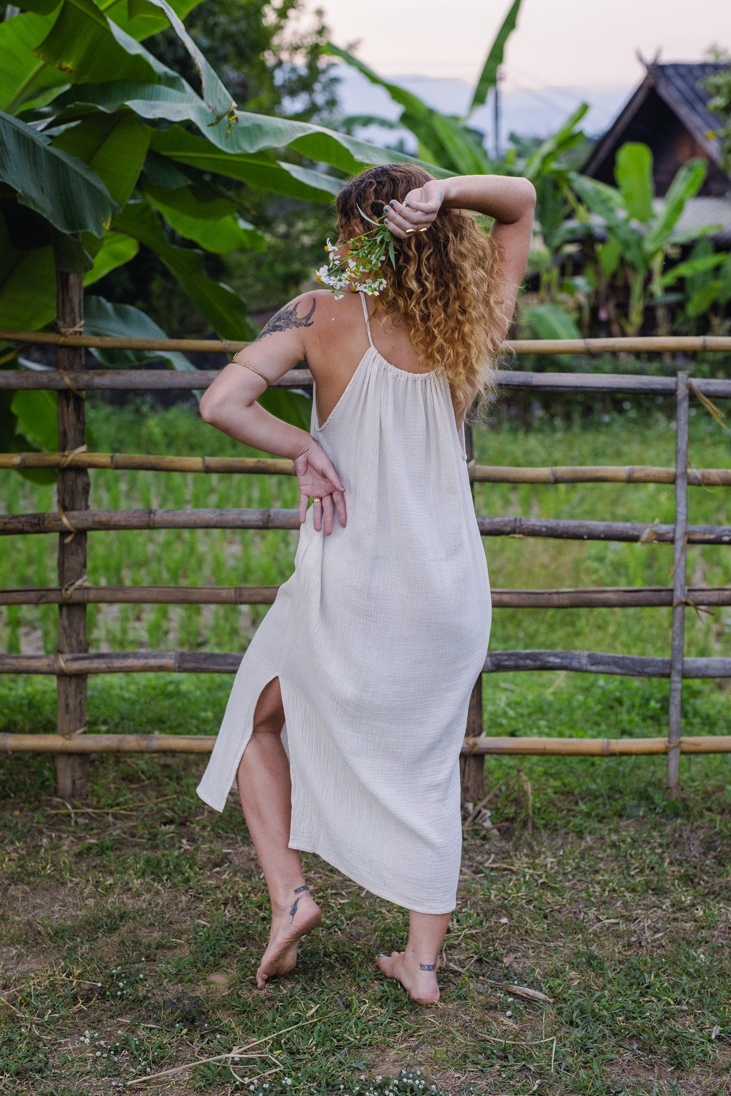 Cotton Long Dress/ White Rose