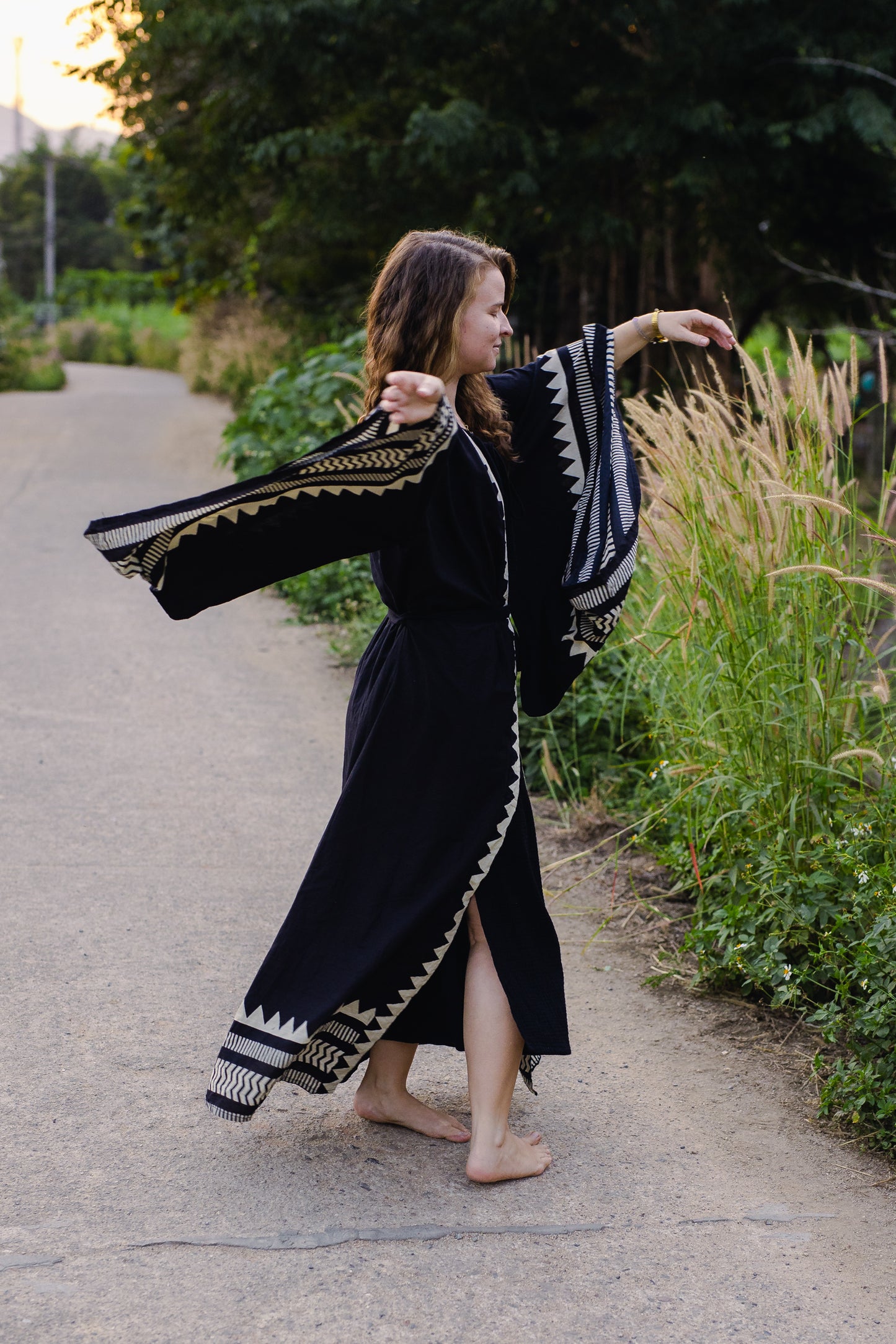 Japanese Unisex Block-printed Long Kimono