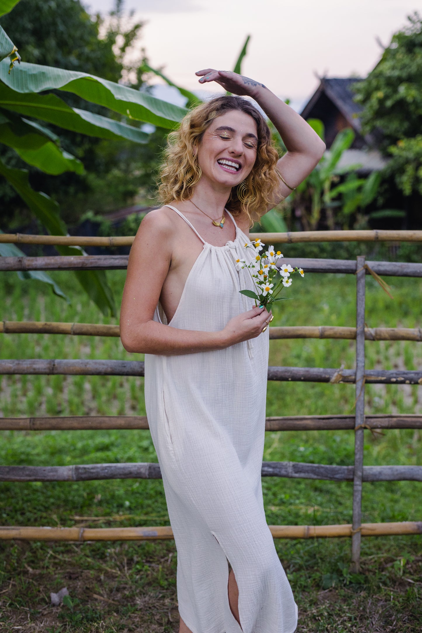 Cotton Long Dress/ White Rose