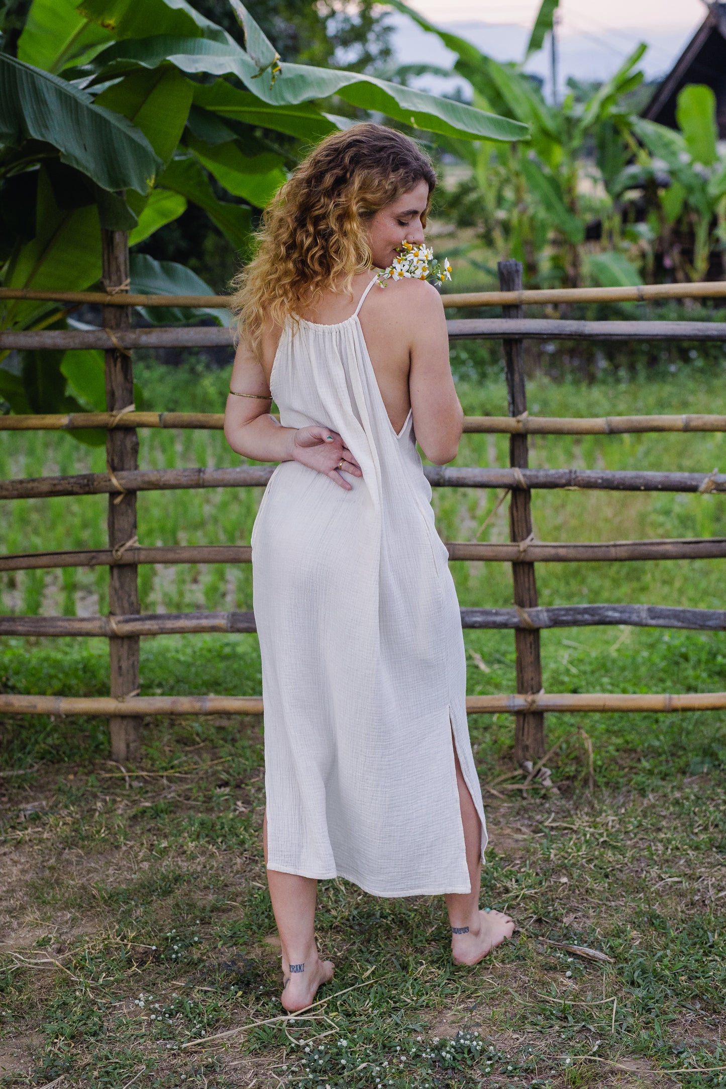 Cotton Long Dress/ White Rose