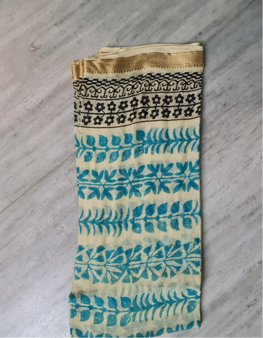 Floral Large Cotton Block printed Scarf -blue, green, purple