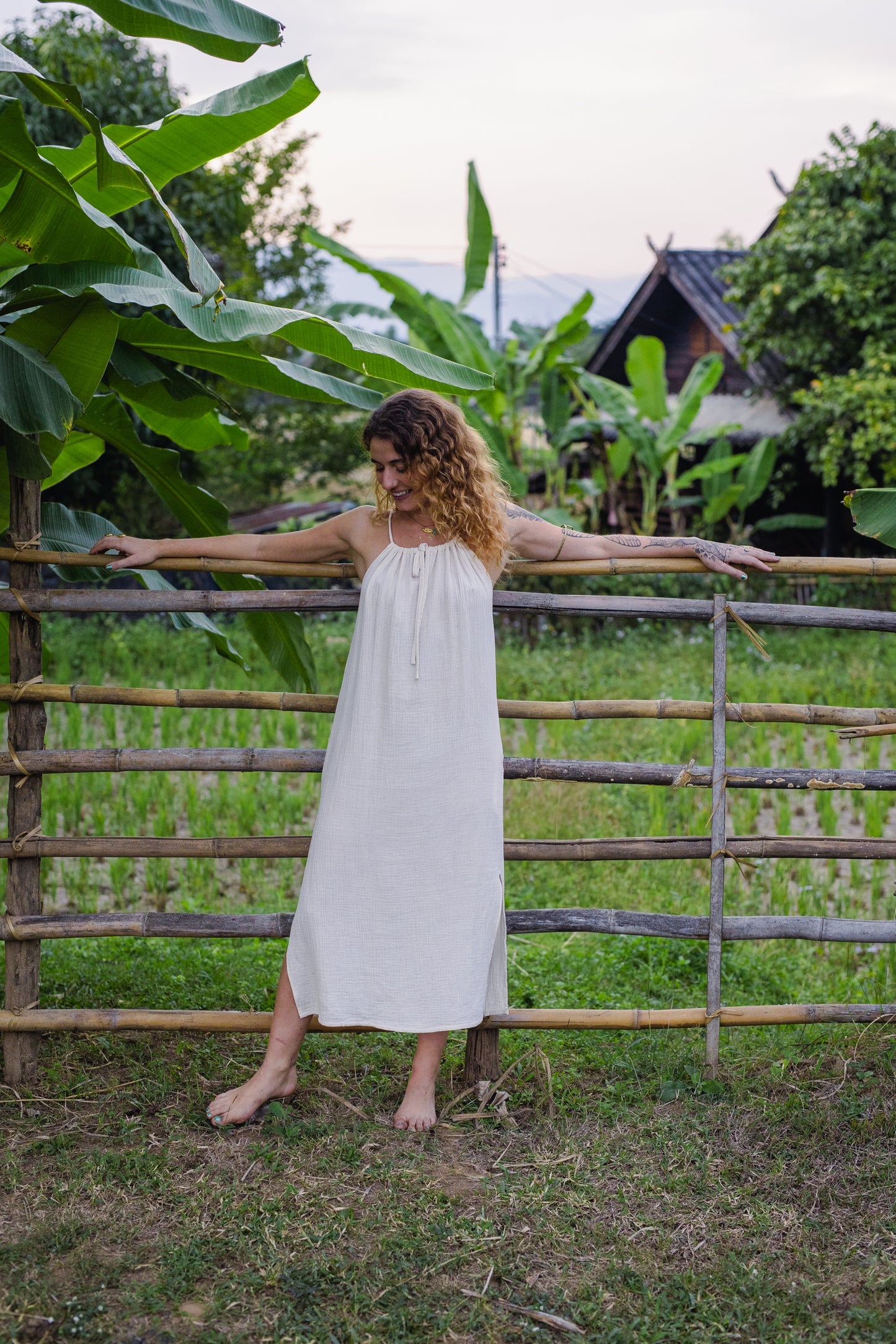 Cotton Long Dress/ White Rose