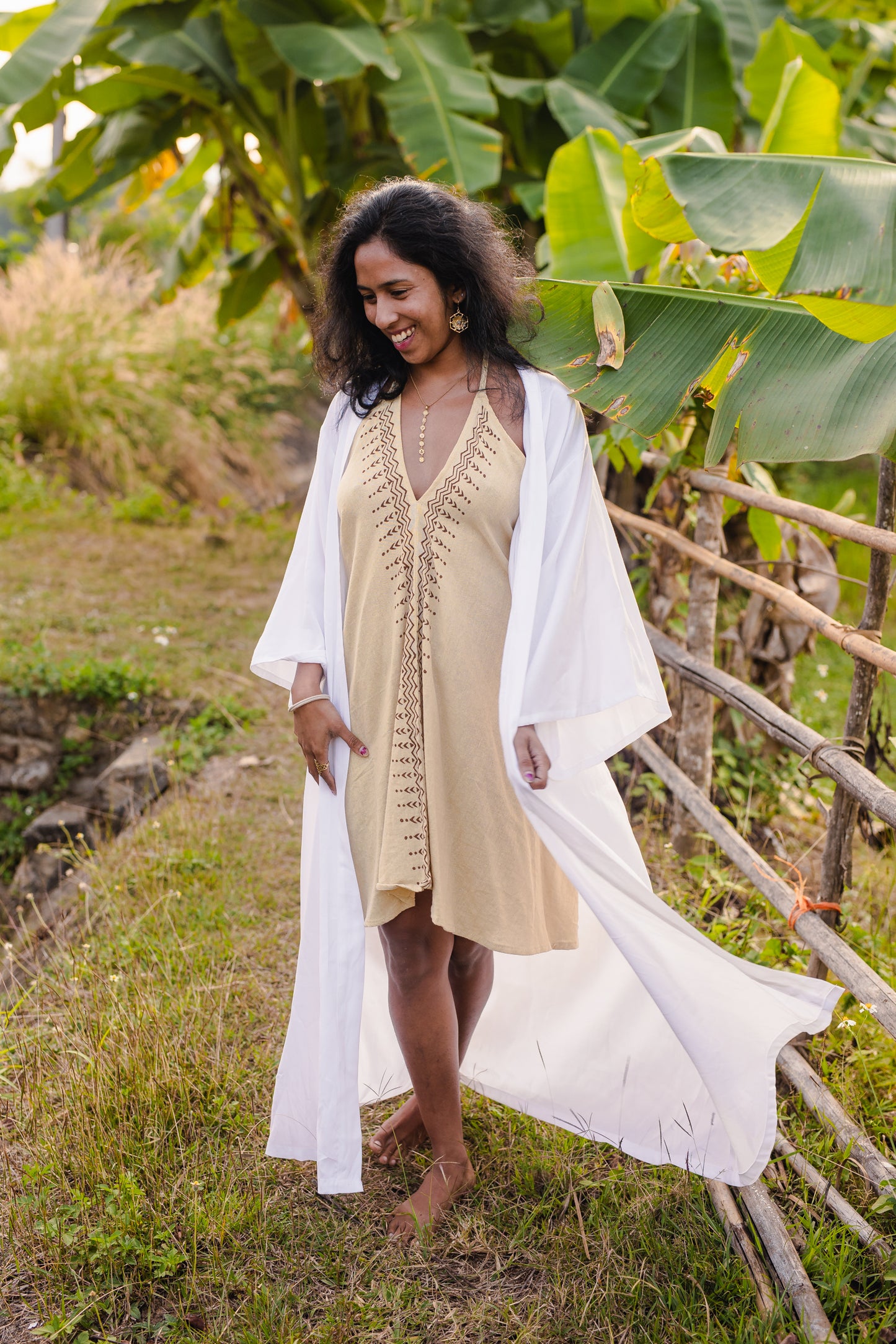 Sri Yantra / White Pacha Mama Unisex Block-printed Long Kimono