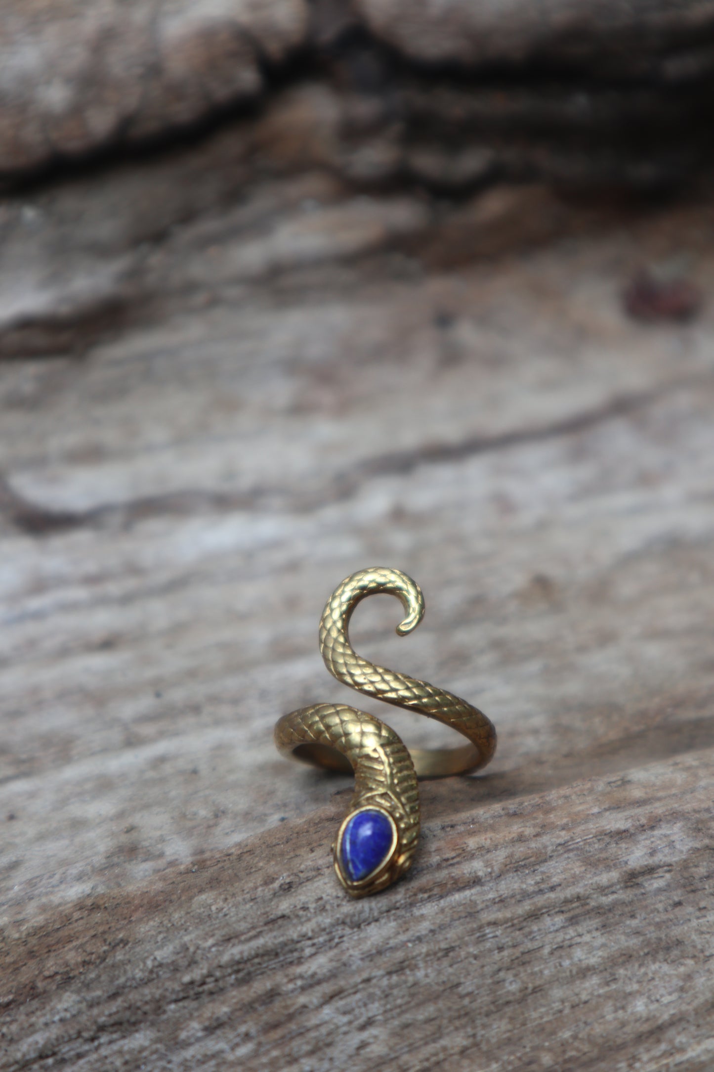 Eva serpent brass ring with Lapis Lazuli