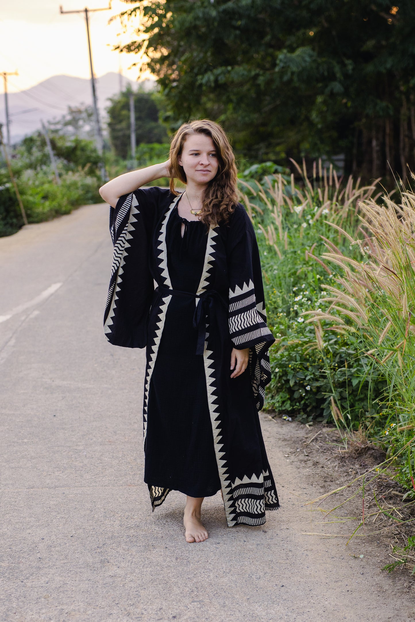 Japanese Unisex Block-printed Long Kimono