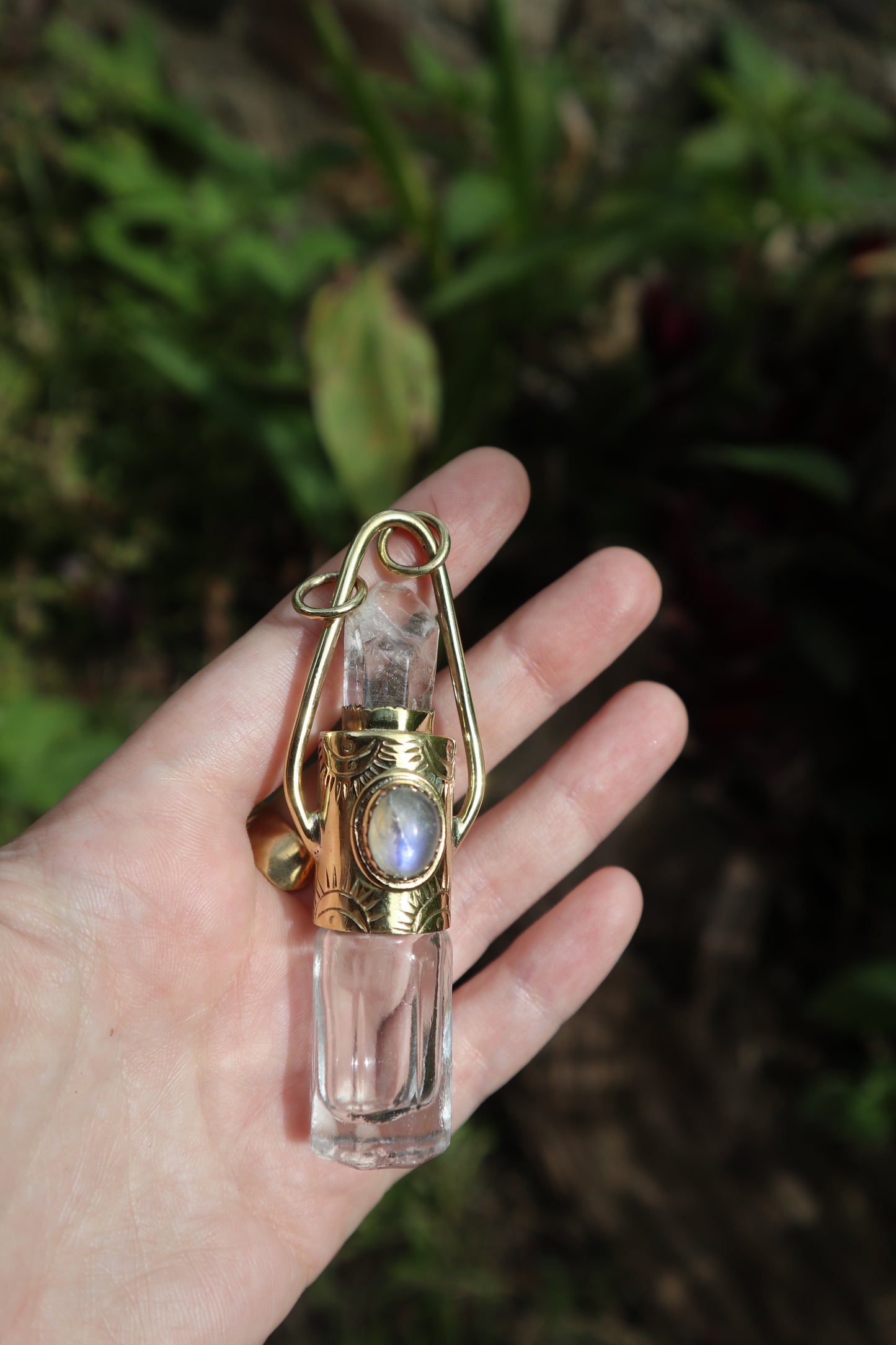 Aurora Vessel Brass Roller Quartz & Moonstone Pendant