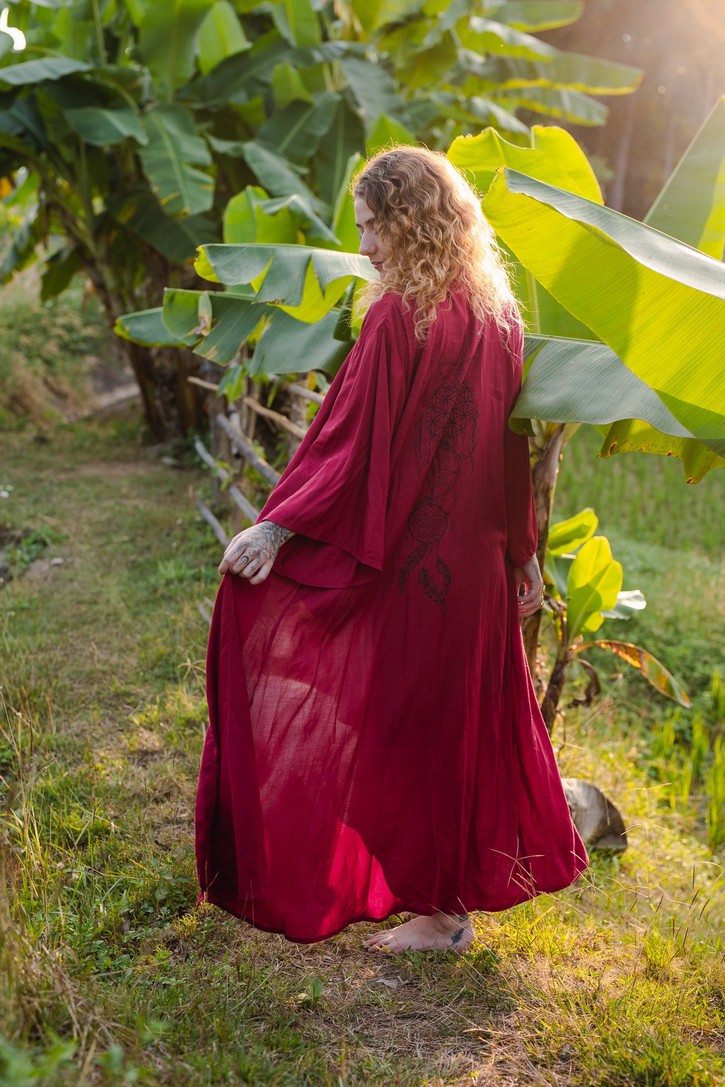 Wine Ref Pacha Mama Unisex Block-printed Long Kimono