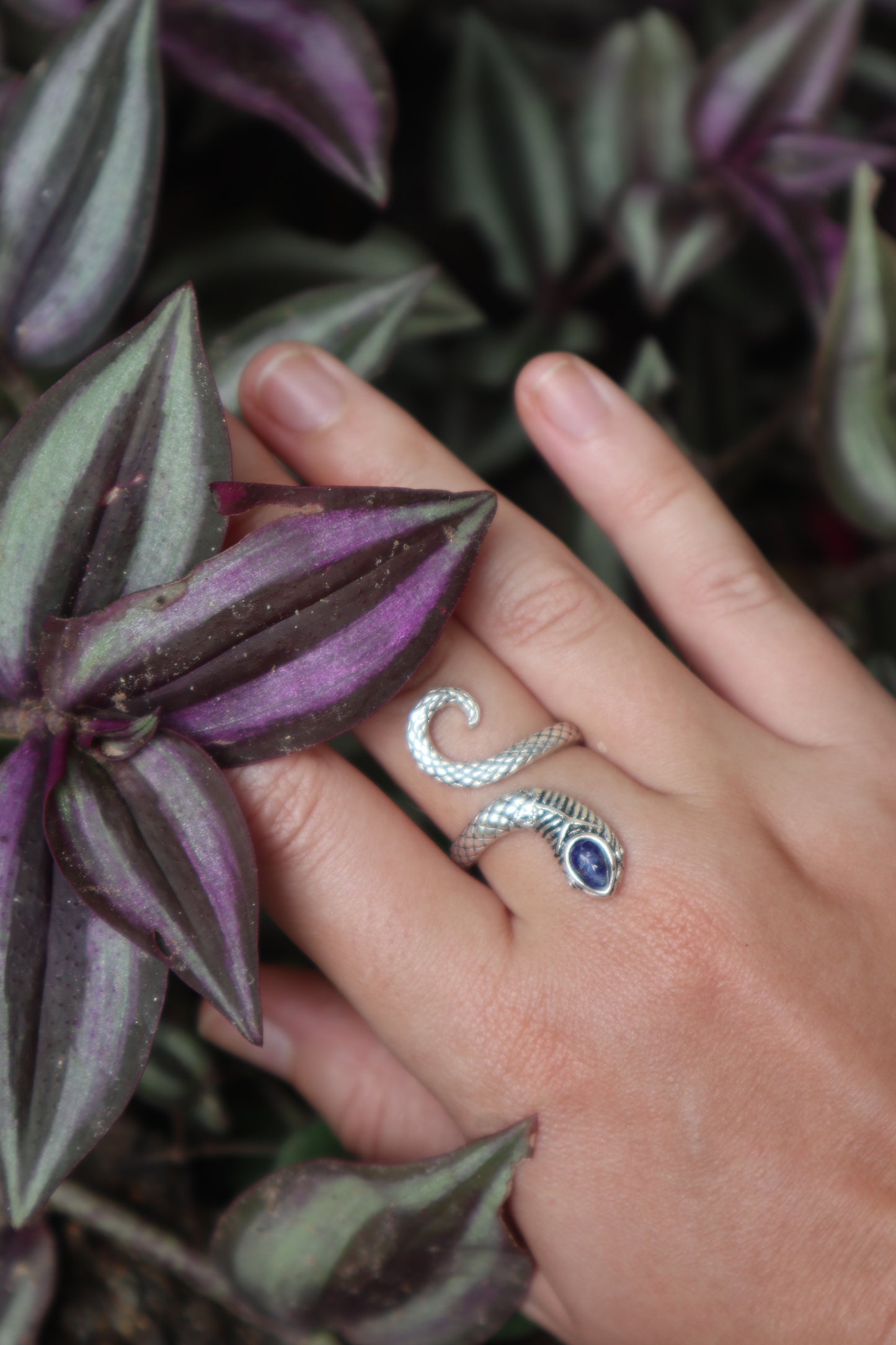 Eva serpent silverplated brass ring with Lapis Lazuli