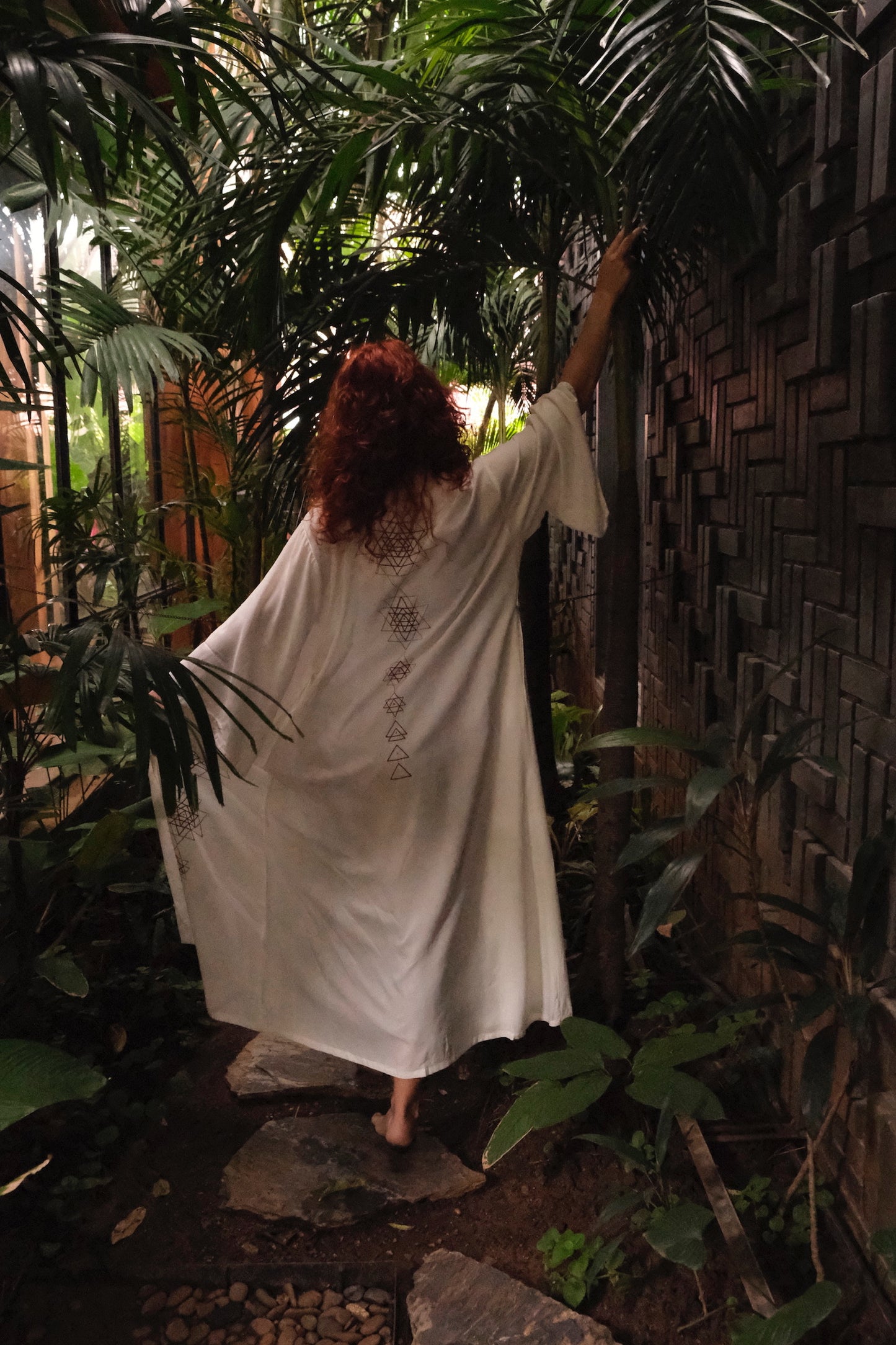 Sri Yantra / White Pacha Mama Unisex Block-printed Long Kimono