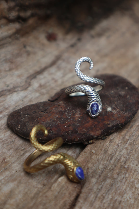 Eva serpent silverplated brass ring with Lapis Lazuli