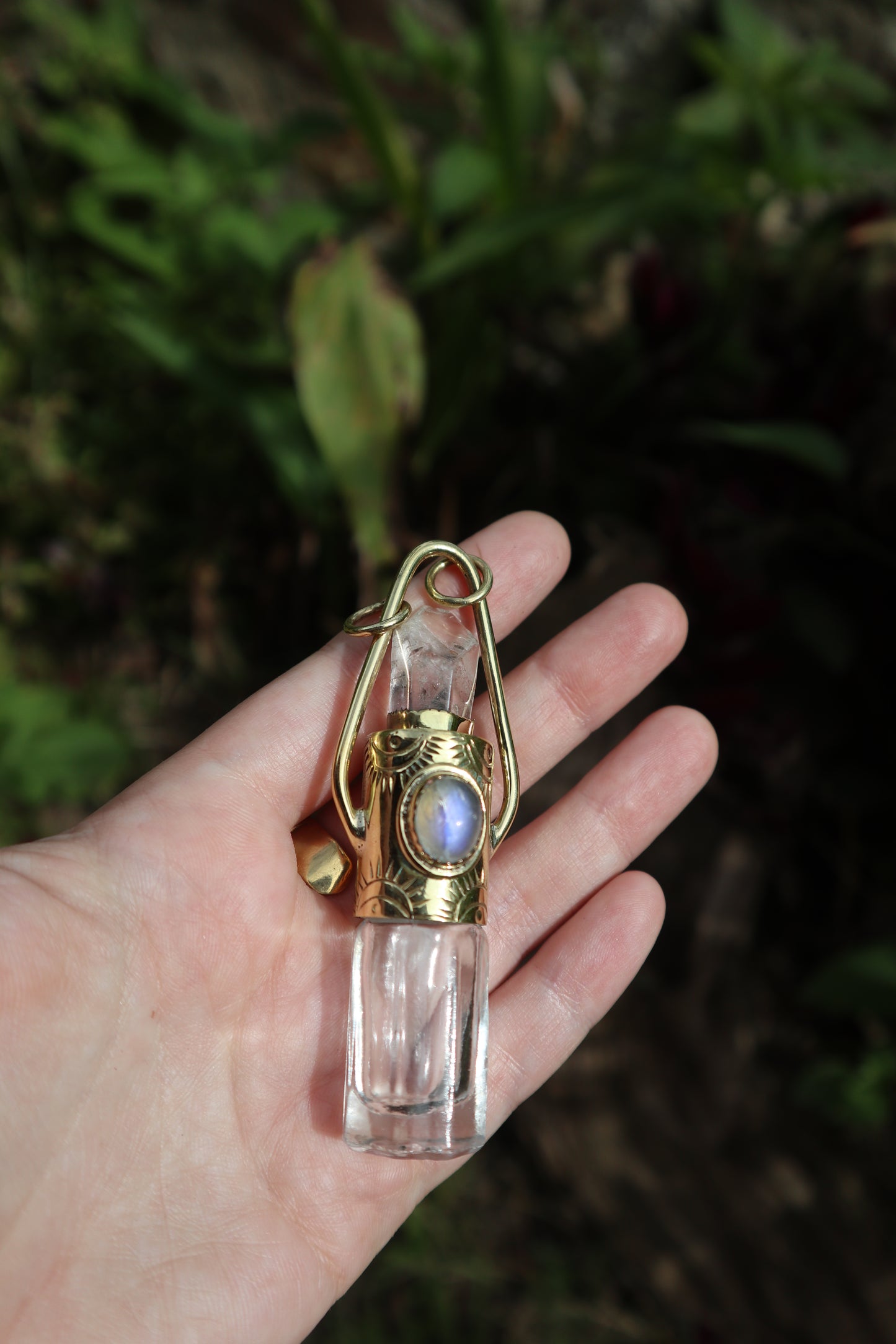 Aurora Vessel Brass Roller Quartz & Moonstone Pendant