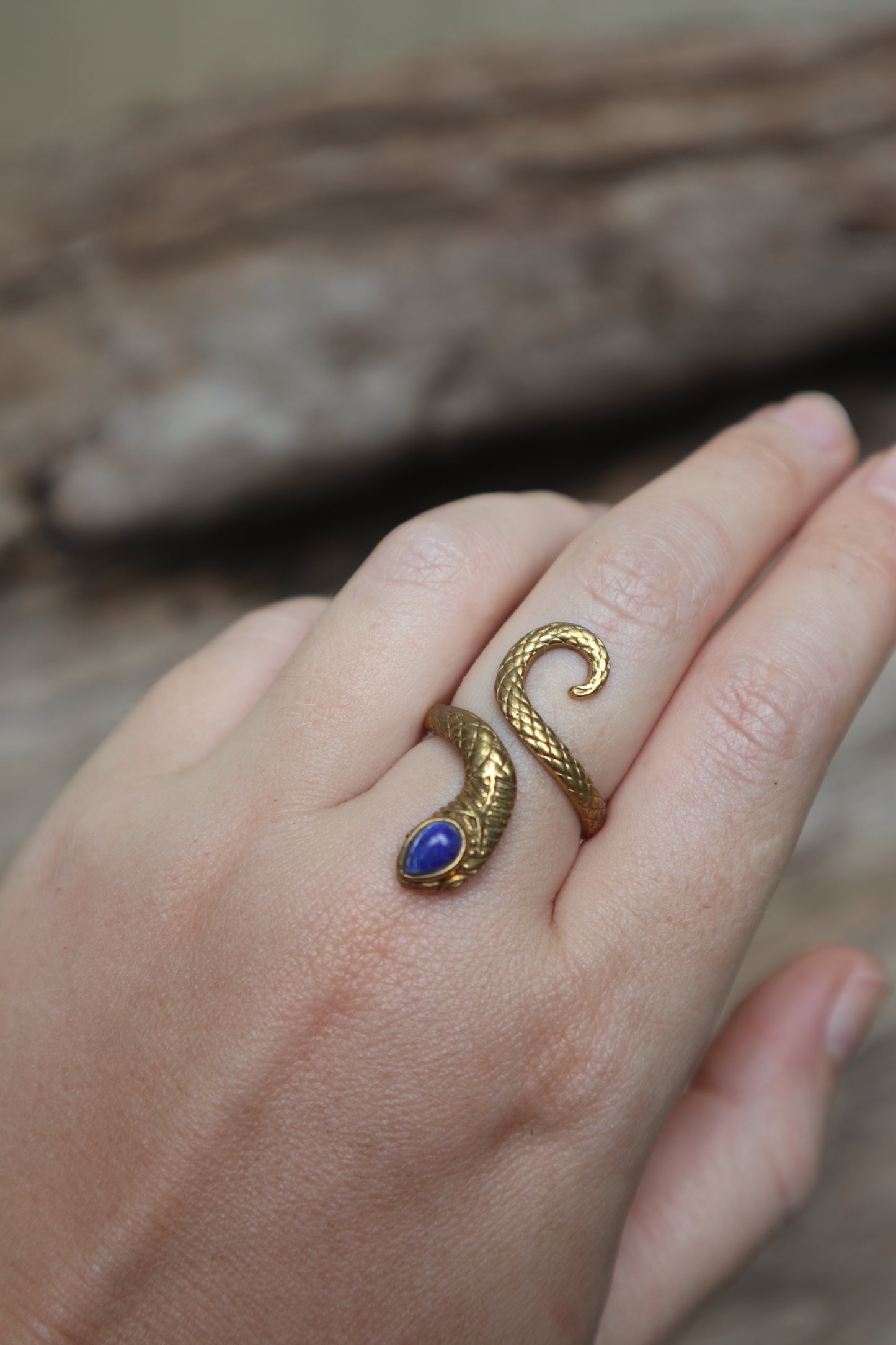 Eva serpent brass ring with Lapis Lazuli