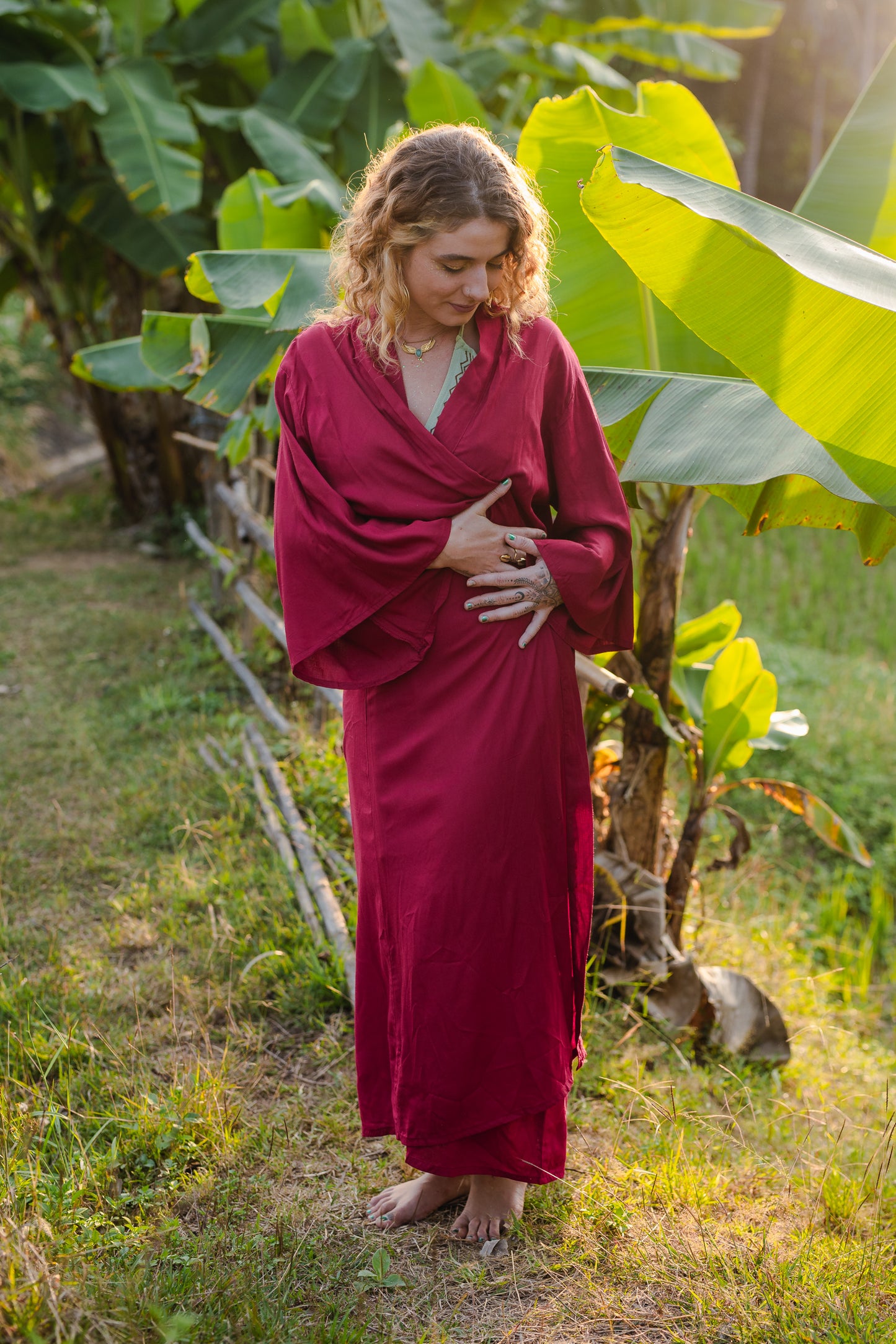 Wine Ref Pacha Mama Unisex Block-printed Long Kimono