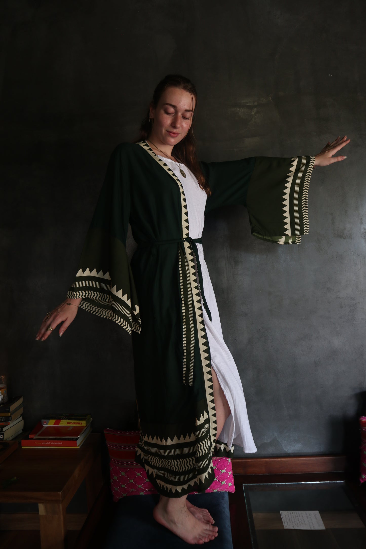 Japanese Unisex Block-printed Long Kimono