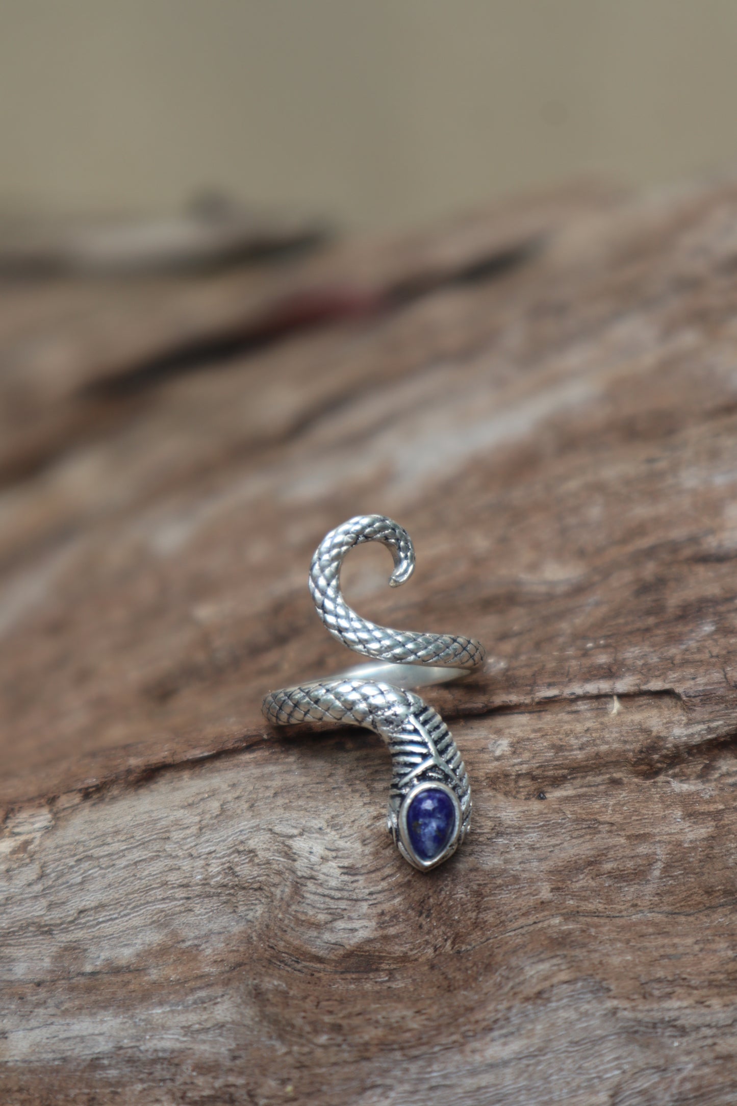 Eva serpent silverplated brass ring with Lapis Lazuli