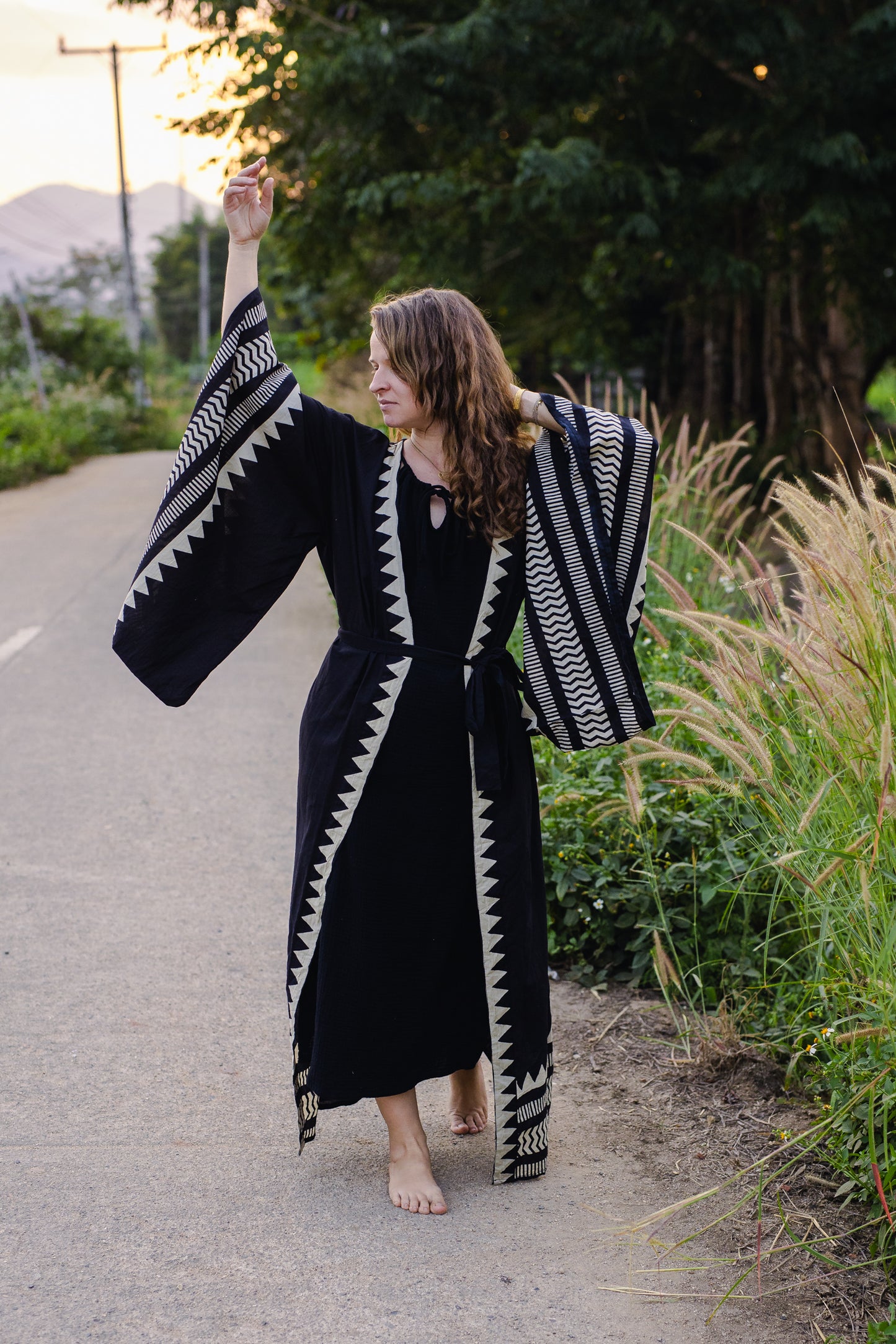 Japanese Unisex Block-printed Long Kimono
