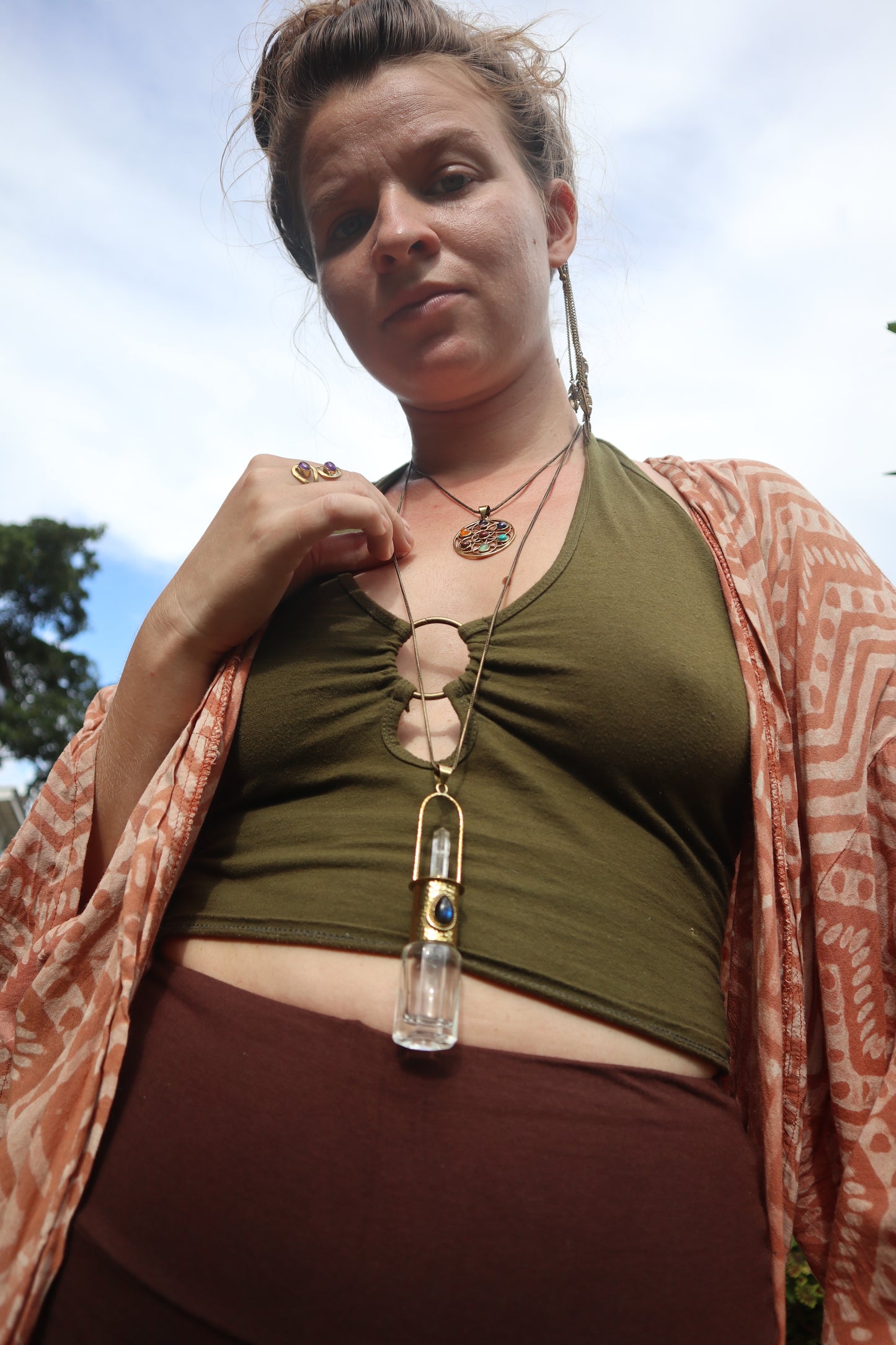 Aurora Vessel Brass Roller Quartz & Blue Labradorite Pendant