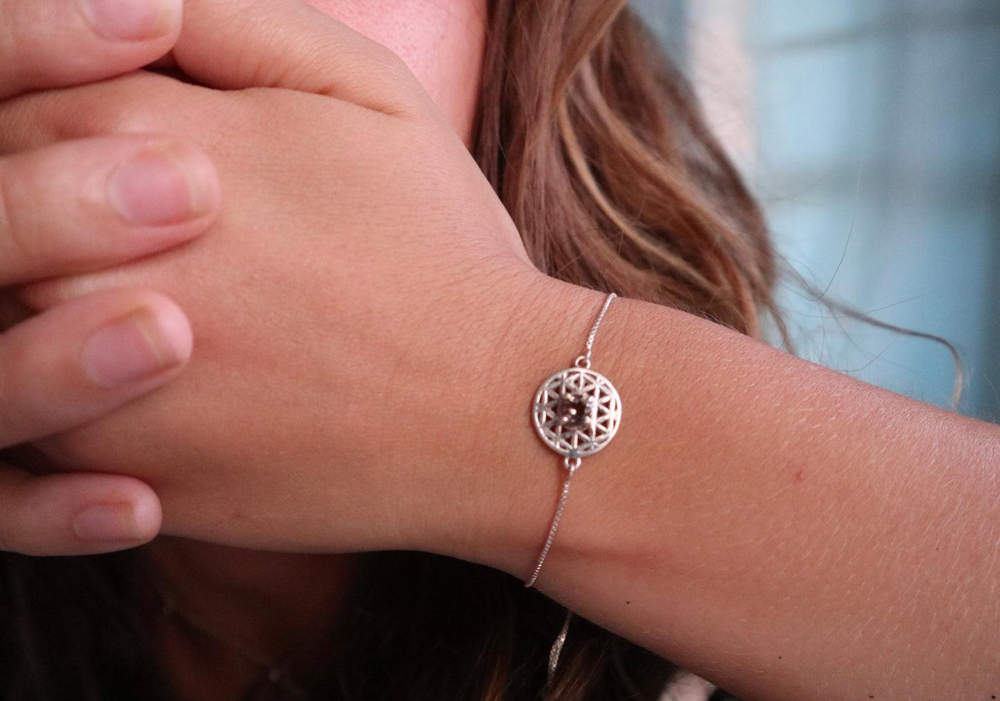 Root chakra flower power silver 92.5 bracelet with smoky quartz